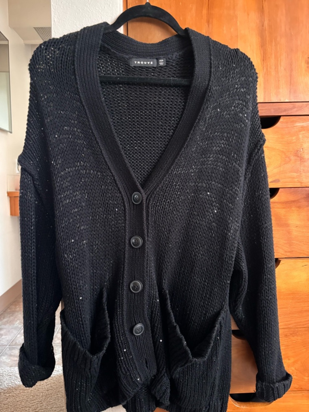 Trouve Black with sequins Open-Weave Button Front Cardigan
